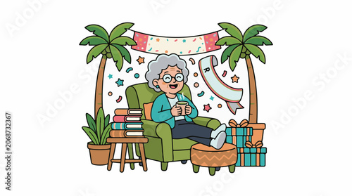 A cartoon elderly woman enjoys a celebratory moment with gifts, books, and a cup in a cozy setting