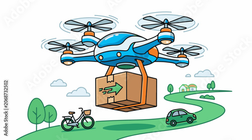 A blue drone transports a cardboard box along a green road with a bicycle and car