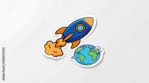 Colorful cartoon rocket ship blasting off into space near Earth