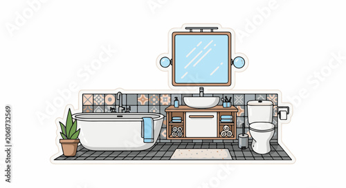 A bathroom with a bathtub, sink, toilet, and plant