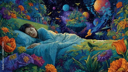 A woman sleeps peacefully as vibrant dream worlds unfold around her bed, filled with floating islands, galaxies, blooming flowers, and soaring birds, depicted in a surreal