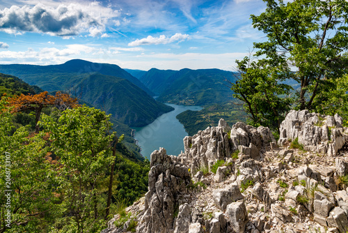 Spectacular look out from a high rocky cliff over the emerald green waters of the winding Drina River in Tara National Park