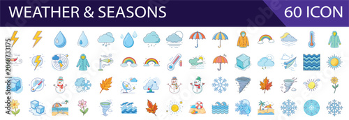 Collection of 60 Flat Design Weather and Season Icons with Clouds, Sun, Rain, Snow, and Wind Elements