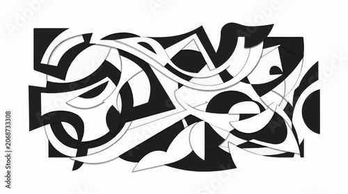 A black and white abstract art piece featuring overlapping curved and straight shapes