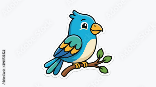 A blue bird with a yellow beak perches on a branch