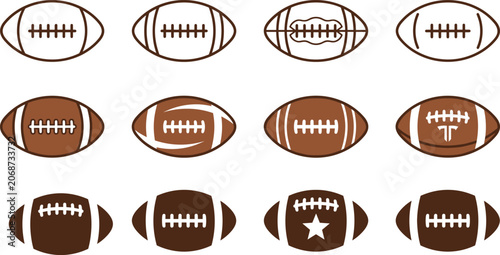 American football ball icon set vector illustration for sports tournament branding and game day graphics.