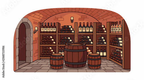 A cartoon illustration of a wine cellar with shelves of bottles and barrels
