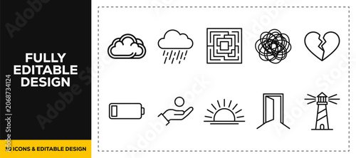 Photos flat vector illustration line art icon bundle set design representing stress emo