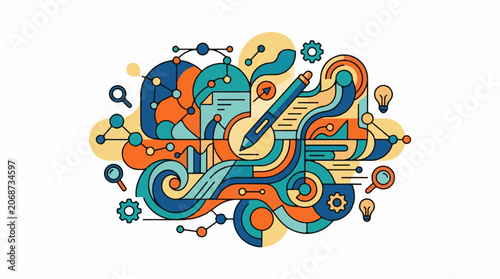 A colorful abstract graphic illustration with swirling shapes and symbols