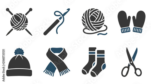 Stylized icons of knitting tools and cozy winter accessories, isolated white background.