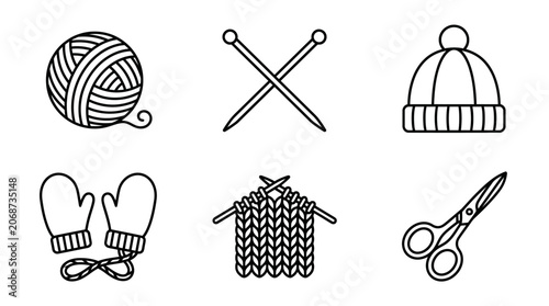 Black and white line art icons of knitting essentials and warm winter apparel, isolated white background.
