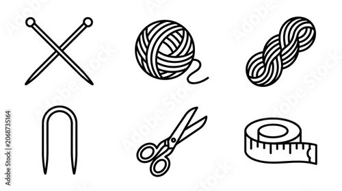 Simple black and white line art icons of knitting and crochet tools with yarn elements, isolated white background.