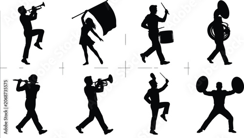 Collection of marching band silhouettes with instruments and dynamic poses