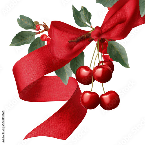 Cherry branch with red fruits and berries adorned with a vibrant red ribbon on transparent background.