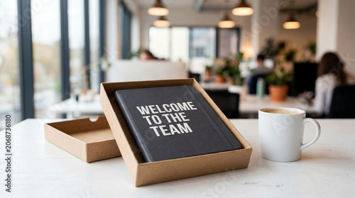 Open cardboard gift box containing a dark notebook with 
