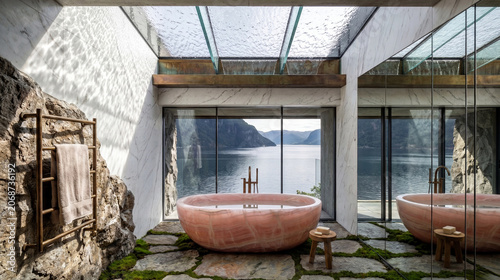 Pink onyx bathtub in a modern bathroom with a glass ceiling, stone tile and moss floor, natural rock wall, and a large window overlooking a scenic lake and mountains.