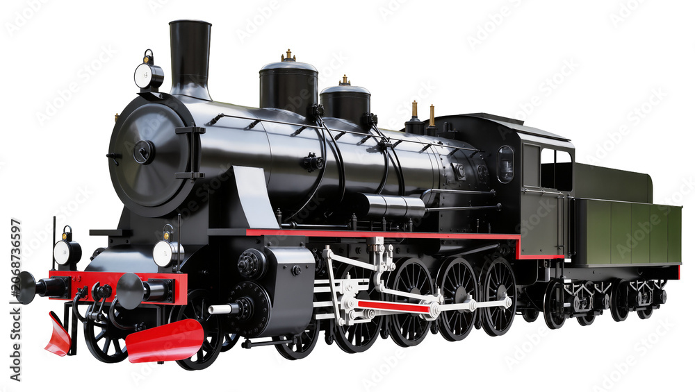 Naklejka premium Black steam locomotive with red accents and green tender