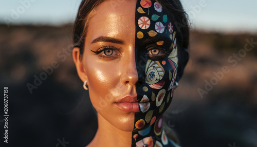 Close-up portrait of a woman with half her face artistically painted in dark colors with vibrant patterns outdoors.