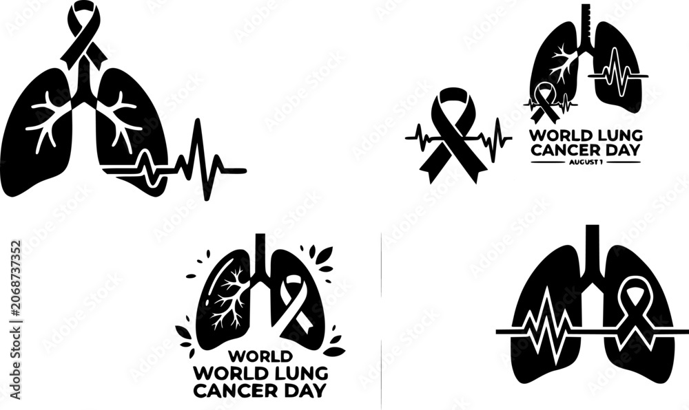 Fototapeta premium World Lung Cancer Day icon set with lungs heartbeat pulse and awareness ribbon, black silhouette medical design for cancer health campaigns and support events
