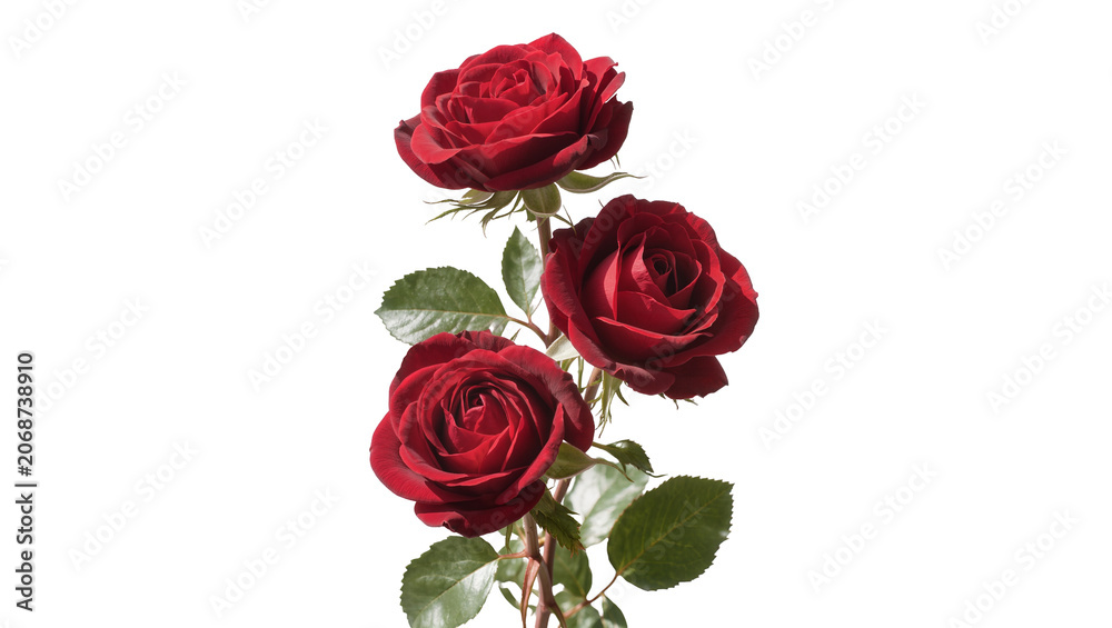 Fototapeta premium Three deep red roses with green leaves on stem
