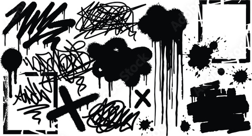 Illustration of Graffiti ink splatters and scribbles on white background for design elements.