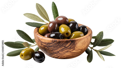 Wooden bowl filled with mixed green and black olives and olive branches