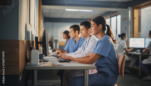 Several medical professionals in scrubs and lab coats work diligently on desktop computers, seated in a well-lit clinical or office environment.