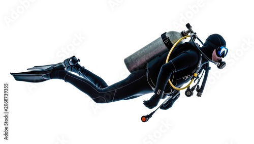 Foto Scuba diver in black wetsuit with oxygen tank and fins swimming