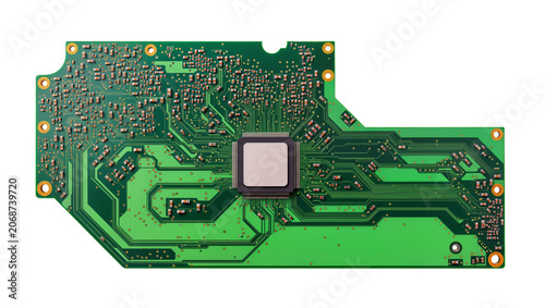 Bild auf Leinwand Green printed circuit board with central square chip and many small components