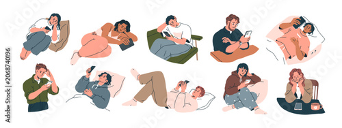 Sad people with smartphones set. Upset men and women looking at phone screen ...