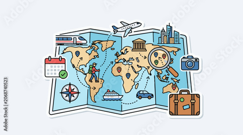 Colorful illustration of a world map with travel-related icons