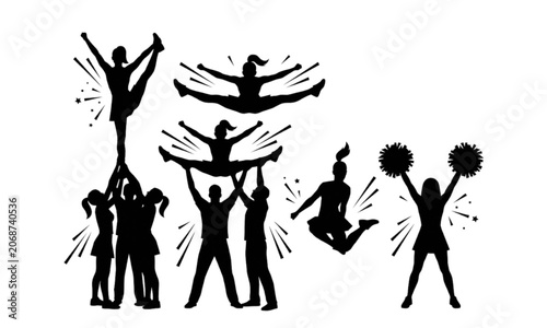 Foto Cheerleading silhouette vector set with dynamic cheerleaders jumping, dancing, p