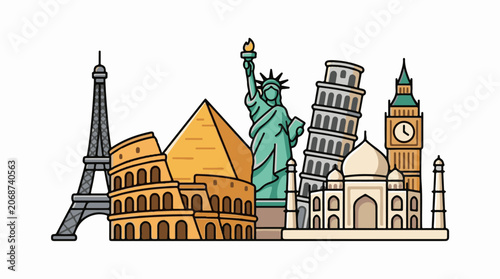 Colorful illustration of famous landmarks from around the world