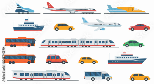 Colorful illustration of various transportation vehicles