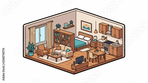 Isometric view of a cozy studio apartment with furniture and kitchen