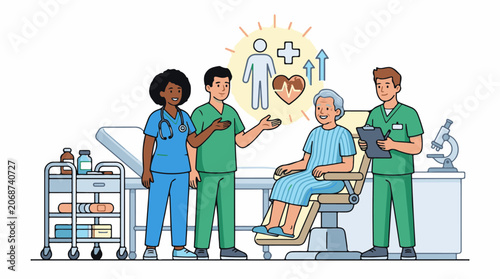 Medical professionals discussing patient care with a senior in a clinic