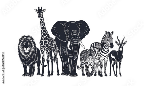 Photography African safari wildlife animals vector illustration, black silhouette group of l