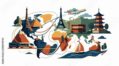 Vibrant travel illustration featuring iconic landmarks and transportation methods on a stylized world map