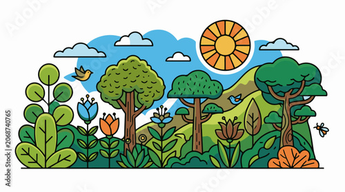 Vibrant cartoon landscape with trees, flowers, birds, clouds, sun, hills