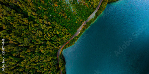 Aerial view of forest lakes and winding roads, Milford, New Zealand