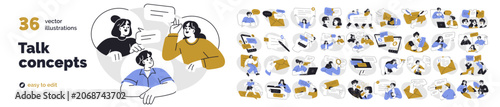 Communication and talk icons set. Digital chat, dialogue, conversation, discussion on internet concept. People texting, sending messages, emails. Flat vector illustrations isolated on white background