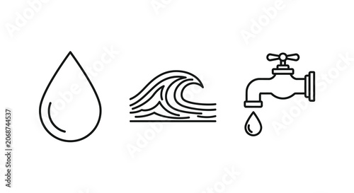Foto Water Drop Wave And Faucet Line Icons On White Background