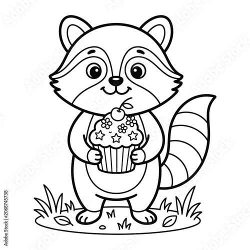 Foto Raccoon holding cupcake coloring page animal dessert cherry