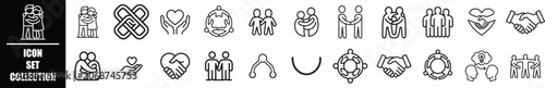 Friendship icons featuring holding hands, hearts, partner, group, handshake, and supportive people for social connection, community, and partnership visuals