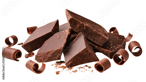 Bild auf Leinwand Dark chocolate chunks and curls scattered