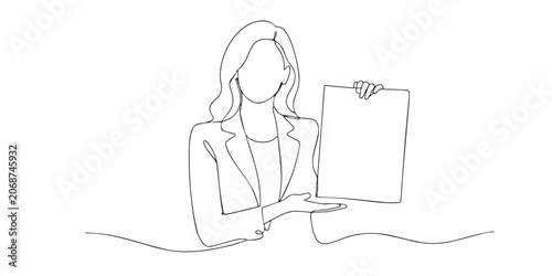 Bild auf Leinwand One continuous line drawing of businesswoman presenting blank paper