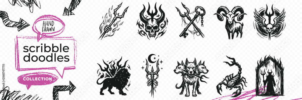 Fototapeta premium Hand drawn vintage black ink scribble doodle vector set of esoteric mystic magic astrology zodiac alchemy sacred geometry spiritual and occult symbols