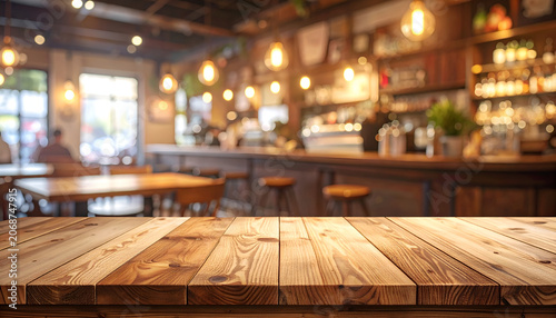 Cozy Cafe Interior with Wooden Tables and Bar Counter.