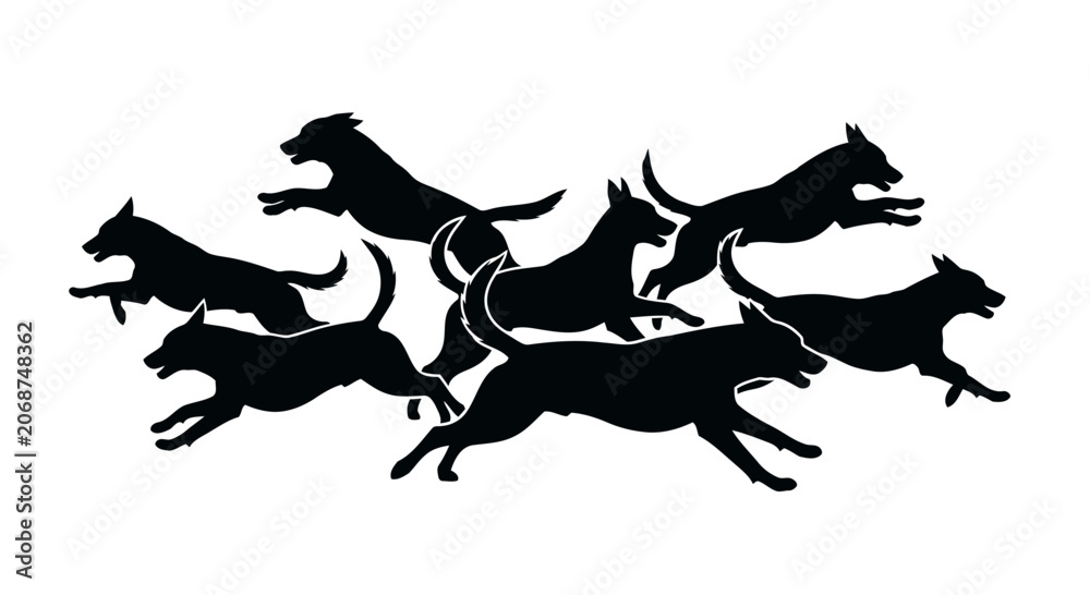 Fototapeta premium Pack of Dynamic Running Dog Silhouettes Showcasing Various Energetic Breeds in Group Motion Action