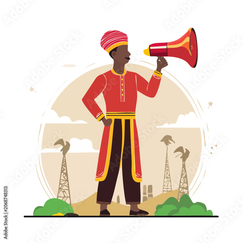 Man in traditional attire using megaphone with oil rigs background